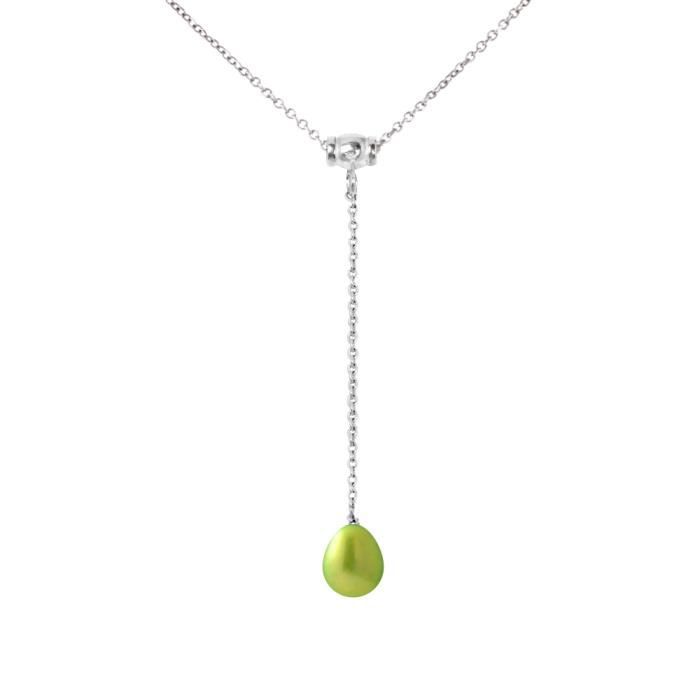PERLINEA - Tie Necklace - AAA+ Freshwater Cultured Pearl - Pear 9-10 mm - Tonic Green - 925 Sterling Silver - Womens Jewelry
