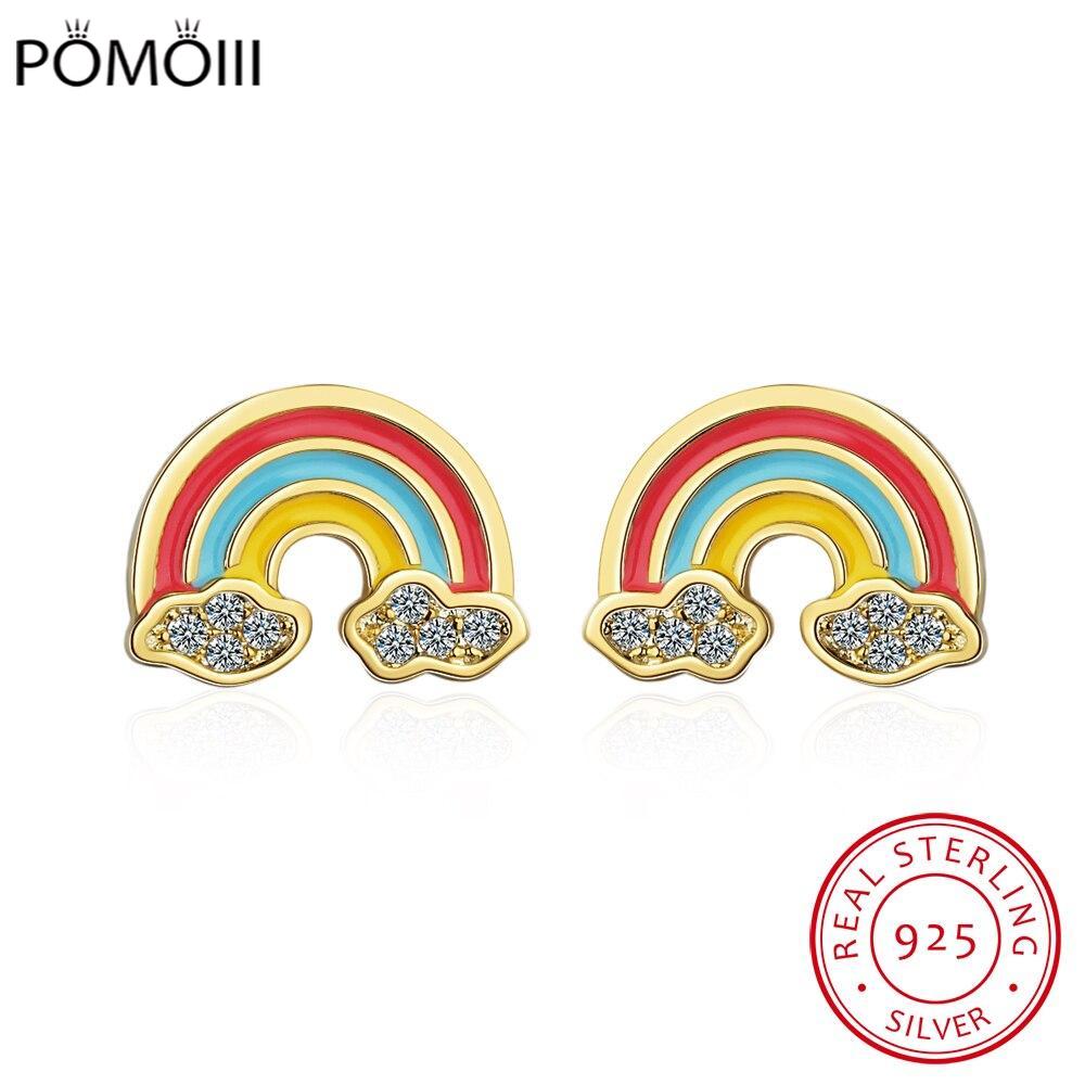 100% 925 Solid Real Sterling Silver 5mmX12mm Rainbow Cloud with CZ Stud Earring For Teen Girl Friend Kid Lady XY1029