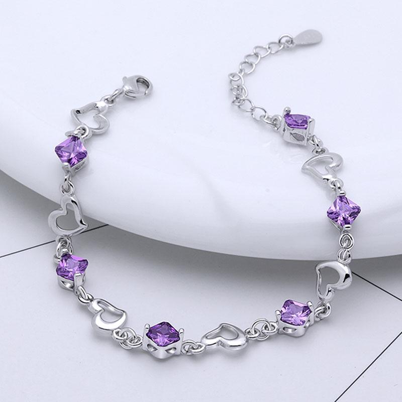 Heart-to-Heart Amethyst Zircon Couple Bracelets - Romantic Heart-Shaped Accessories