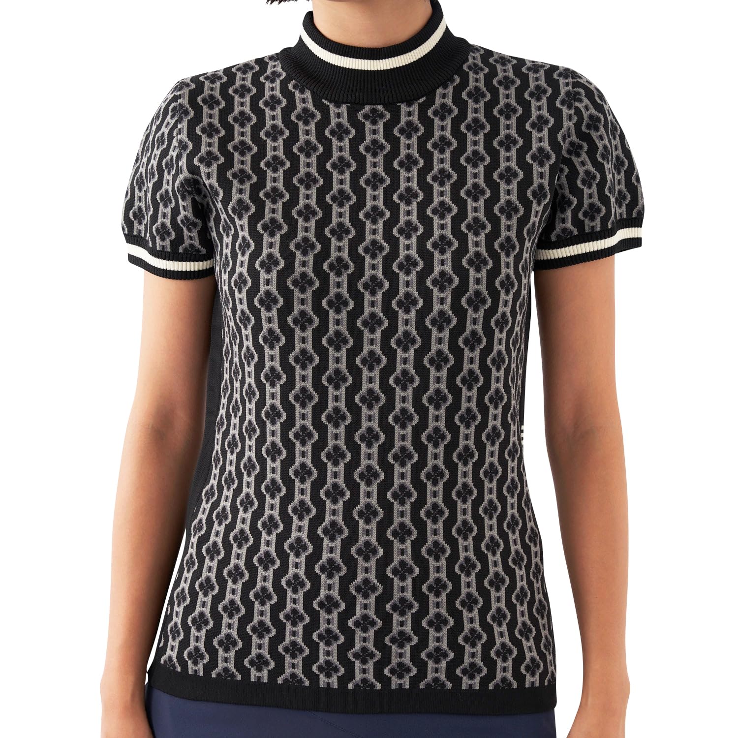 

Marie Claire Трикотажный топ с цветочным принтом, высоким воротником и короткими рукавами, черный, женский 733772, чёрный