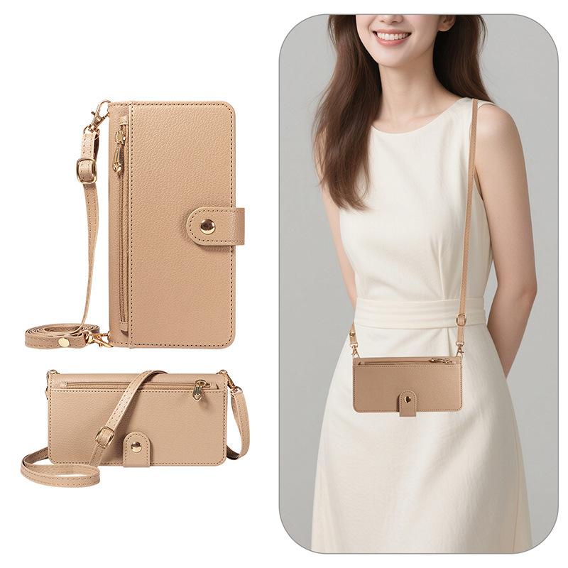 The new flip mirror zipper mobile phone case is suitable for Samsung S25 long lanyard mobile phone fashion protective case.