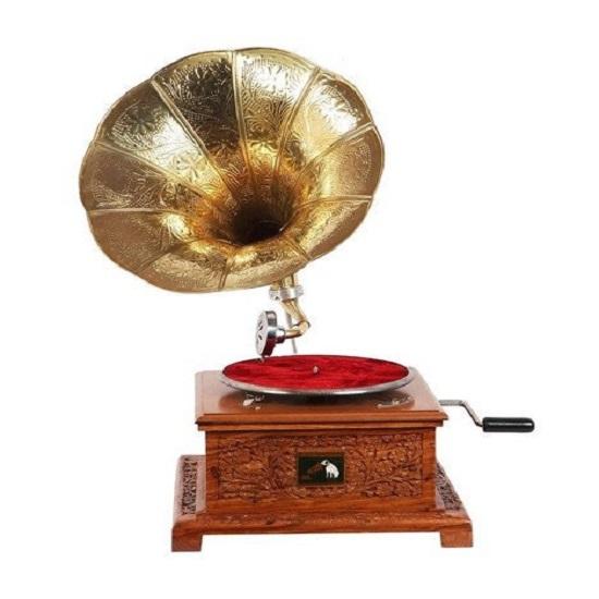 Mosaz a dřevo Zlatý gramofon Vintage gramofony Gramofon Jehla Květinová řezba Vintage gramofon