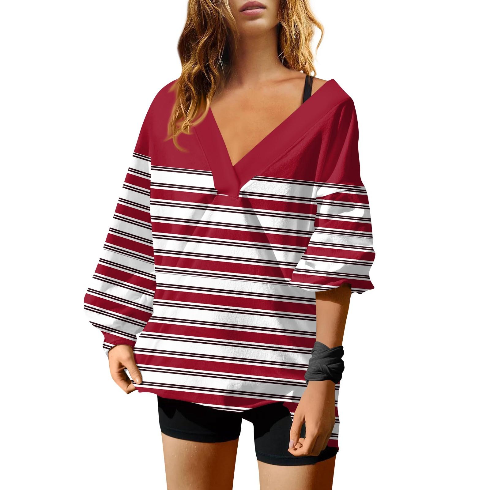 Женская мода полосатый принт V-образный вырез длинный рукав свободный пуловер свитшот — фото 5