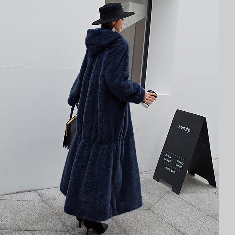 Winter New Casual Temperament Loose Imitation Rex Rabbit Fur Jacket Women's Hooded Long Coat Trendy