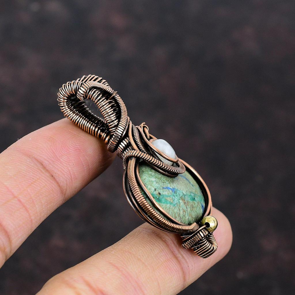 Azurit Malachit Anhänger Regenbogenmondstein Anhänger Kupferdraht gewickelter Anhänger Echter Edelstein Schmuck Geschenk für Frauen Handgefertigter Kupferschmuck
