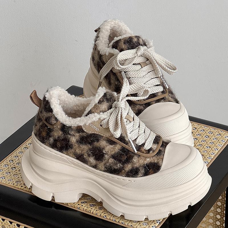 Leopard print board shoes platform heightening CM new lamb wool fleece lace-up casual sports shoes couple bread shoes