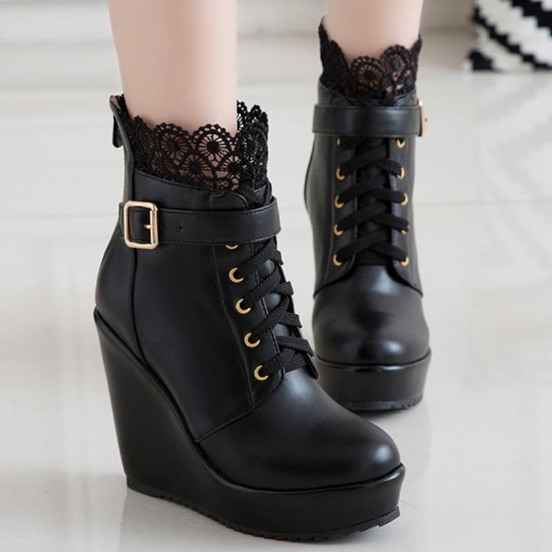 Klínové boty Kotníkové boty pro ženy Platforma Zimní Podzimní Šněrovací Černé Bílé Dámské Krátké Boty Klínové boty Dámské