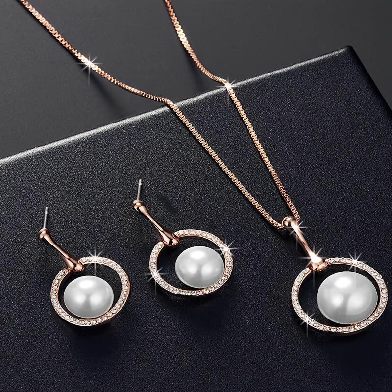 Round Imitation Pearl Pendant Necklace and Earrings Jewelry Set with Rhinestones, Birthday and Holiday Accessory Gift