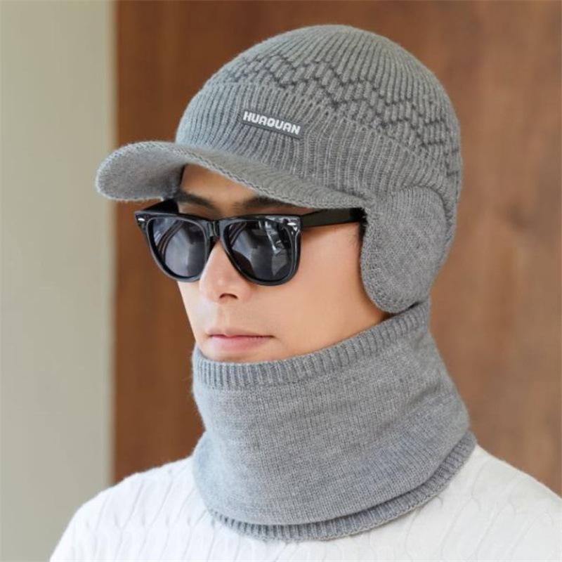 Hat Men's Winter Velvet Thickened Ear Protection Knitted Hat Outdoor Cycling Warm Cold Hat Cold and Windproof Neck Scarf Suit