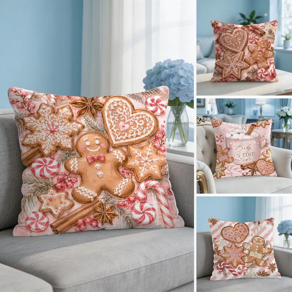 Christmas Pink Gingerbread Cushion Cover Square Pillow Bedroom Sofa Leisure Comfort Living Room Home Decoration X