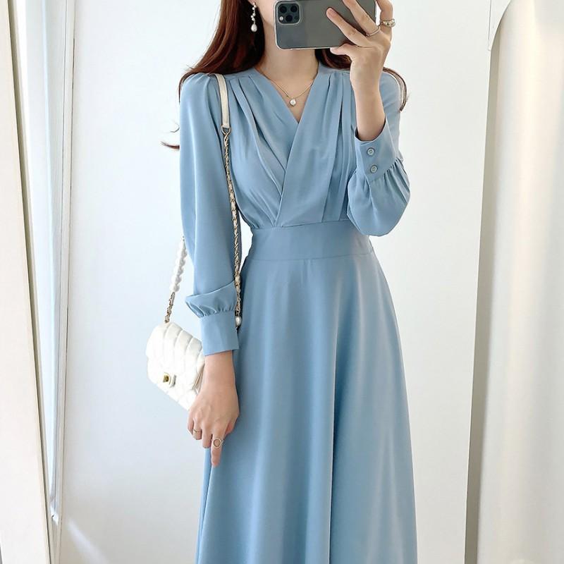 Elegant V-Neck Longline Dress With Cinched Waist Fit Loose Straight Cut 2025 Casual Wear In Black Beige Blue