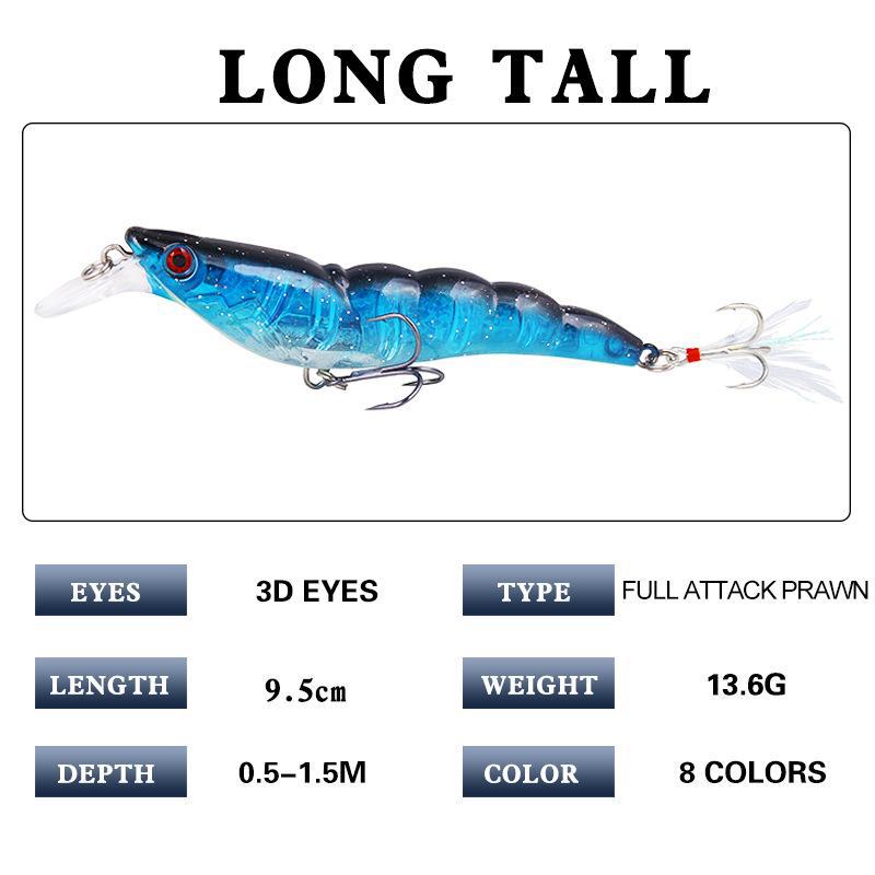Set of 20 Full Attack Sinking Shrimp Lures, 13.6g/9.5cm, with Blood Groove and Feather Hook.