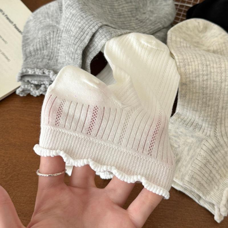White Mesh Stockings - Summer Lightweight Lace Mid-calf Socks Without Bones - Postpartum Stockings with Low Heel and Shallow Opening