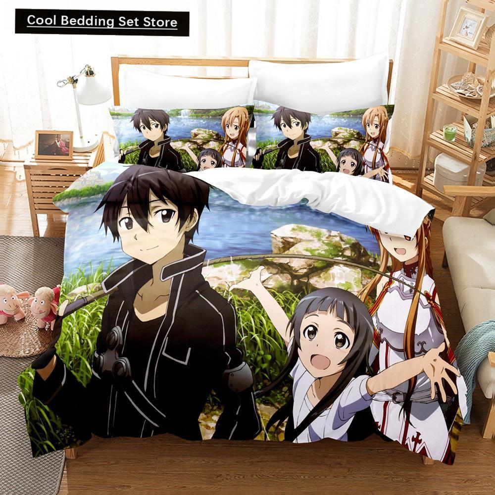 Sword Art Online Bedding Set 3D Anime Print Polyester Quilt Cover Pillowcases Queen King For Kids Gift Anime Duvet Cover Sets