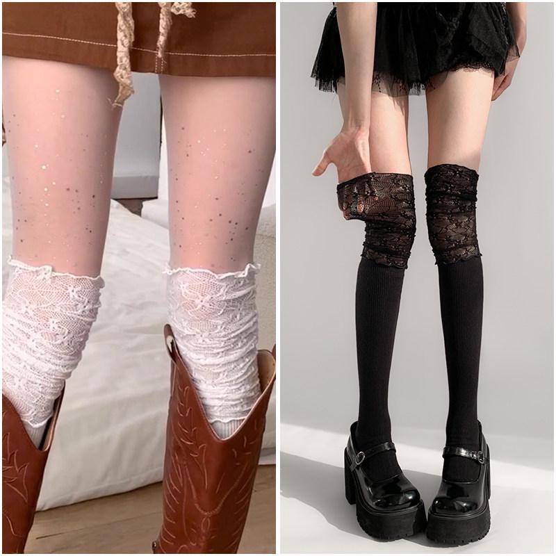 Women's White Calf Socks, Summer Thin Lace, Long Ballet Style Over-the-Knee Black Socks, Perfect for Boots