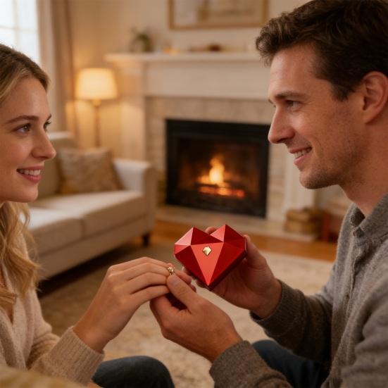 Polyedrische Herz-Ringbox Romantische Liebe Herz-Ringetui Samtgefüttert Geometrische Ringbox