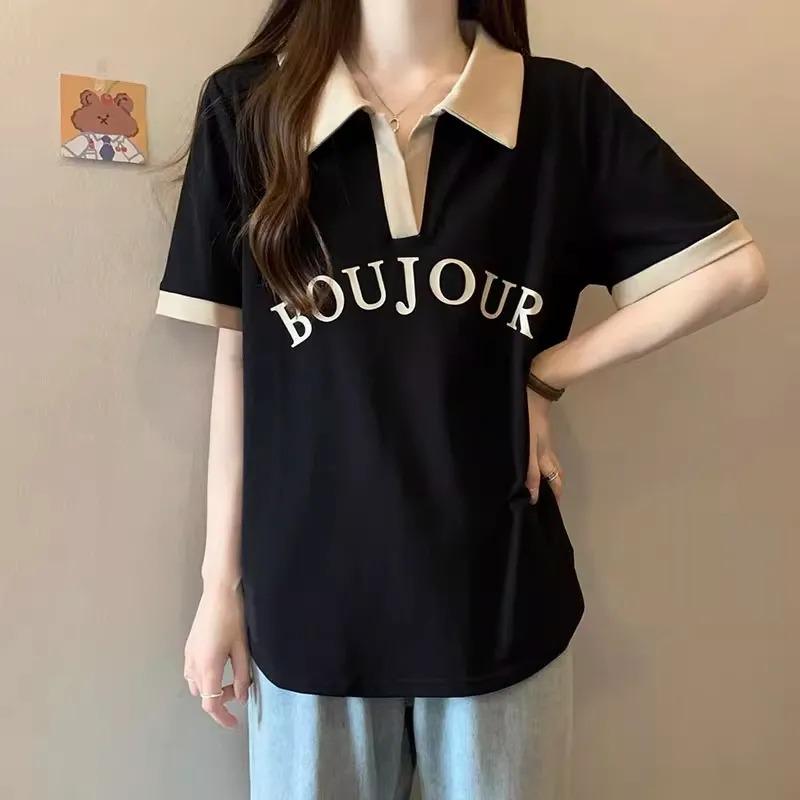 Collared Right Shoulder T-shirt Short Sleeve Women s Summer Mid-length Slimming Top L чёрный