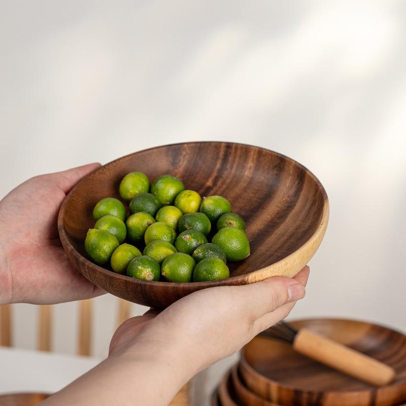 Japanese Solid Wood Round Fruit Dish Household Dim Sum Fruit Salad Dish Baby Fall Proof Wooden Bowl Whole Wood Thickened Dish