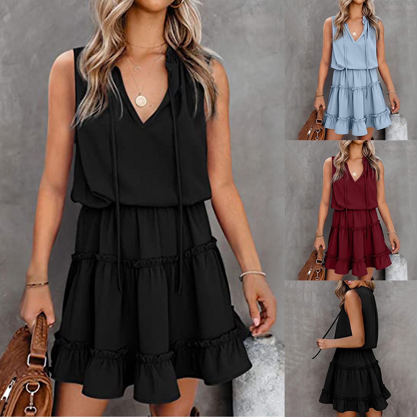 

Женская летняя модная плиссированная мини без рукавов с v-образным вырезом