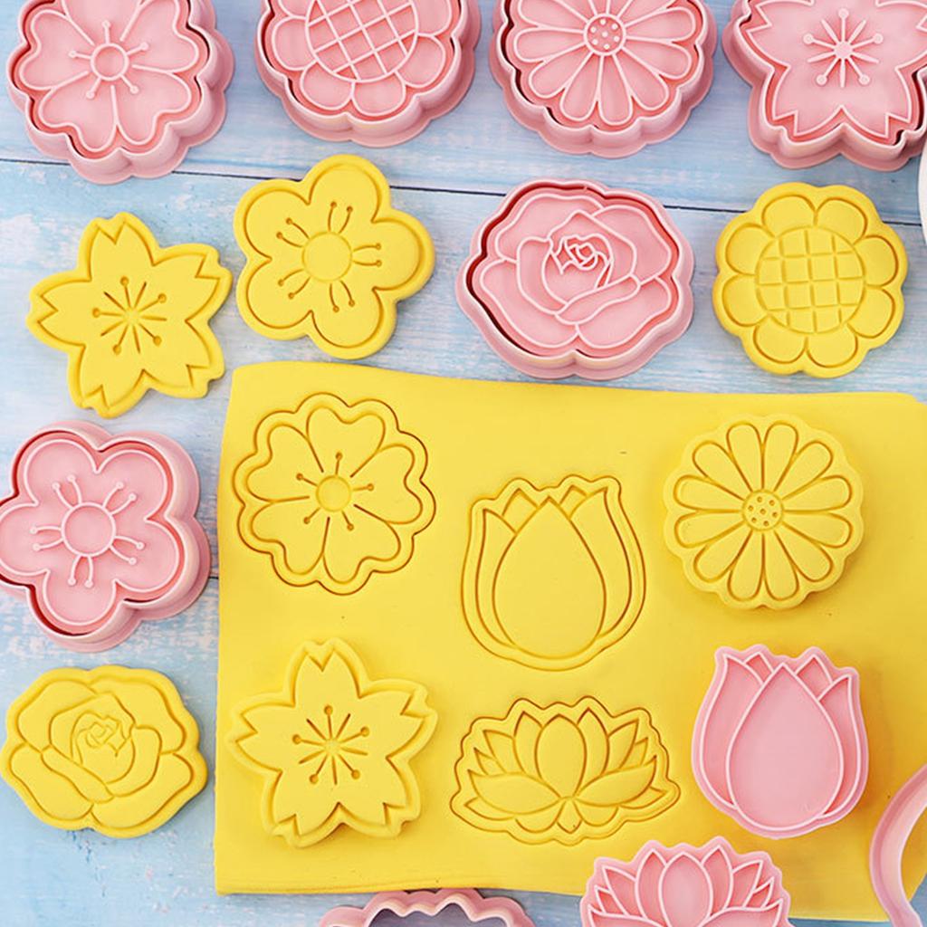 8 PCS Flower Shaped Biscuit Mold PP Material Frosting Cookie Molds Push-type Household Baking Cookie Cutter for Children