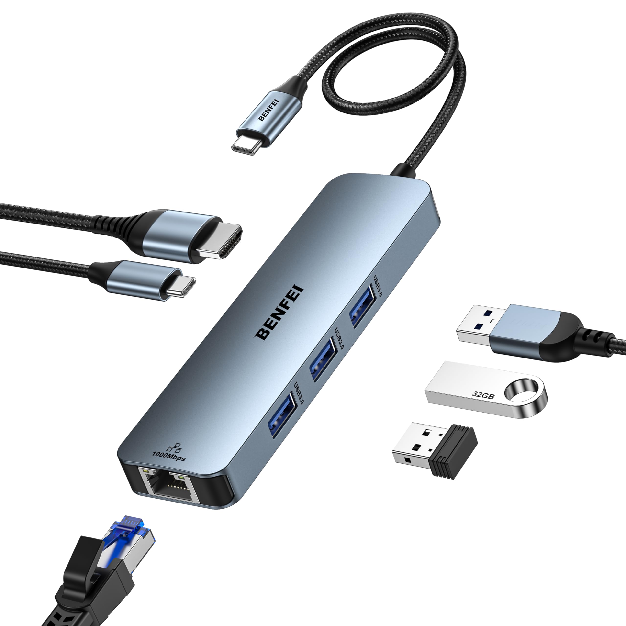 

BENFEI USB C Hub Gigabit 100W Power 3 USB силиконовый алюминиевый чехол совместим с iPhone 15 iPad XPS17 6-в-1 HDMI(4K @ 60 Гц), Ethernet, Поставка, 3.0, серебряный