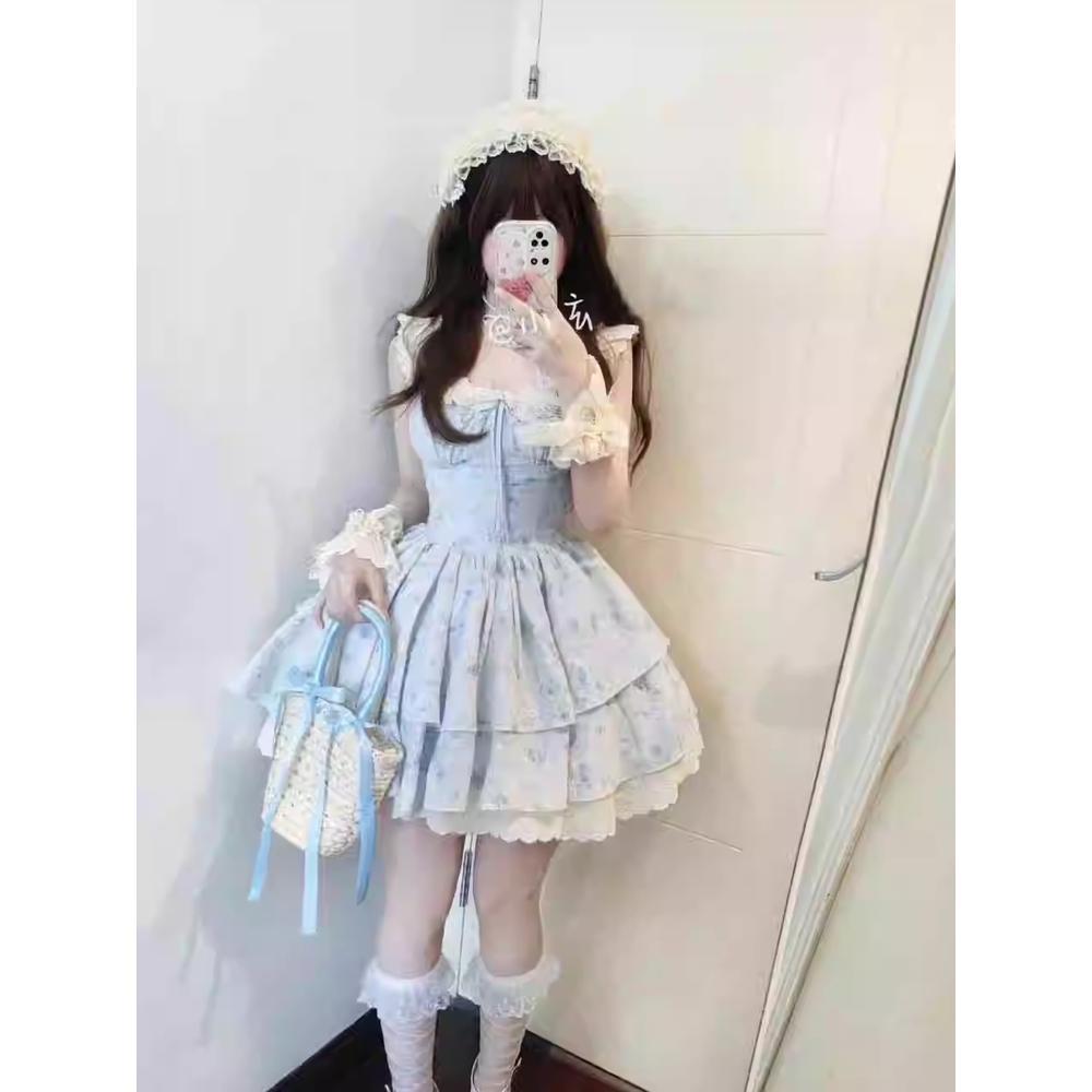 Sweet Spice Girl Blue Flying Sleeve Dress Sweet Premium Princess Cake Dress Women's Summer Waist Fluffy Short Dress