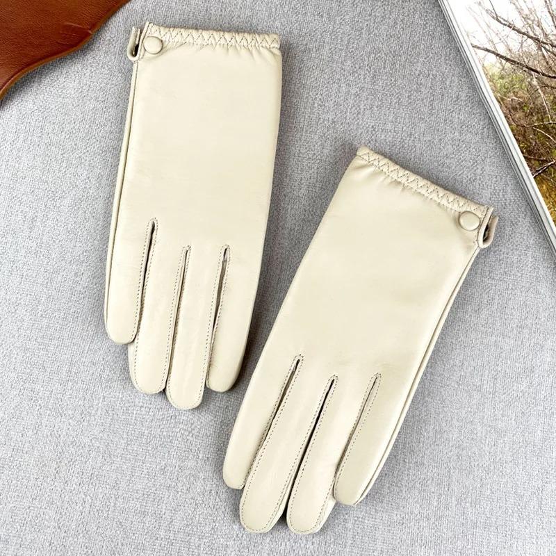White Genuine Leather Gloves Ladies Hand Warmer Driving Cycling Windproof Guantes Sheepskin Split Finger Luxury Gloves
