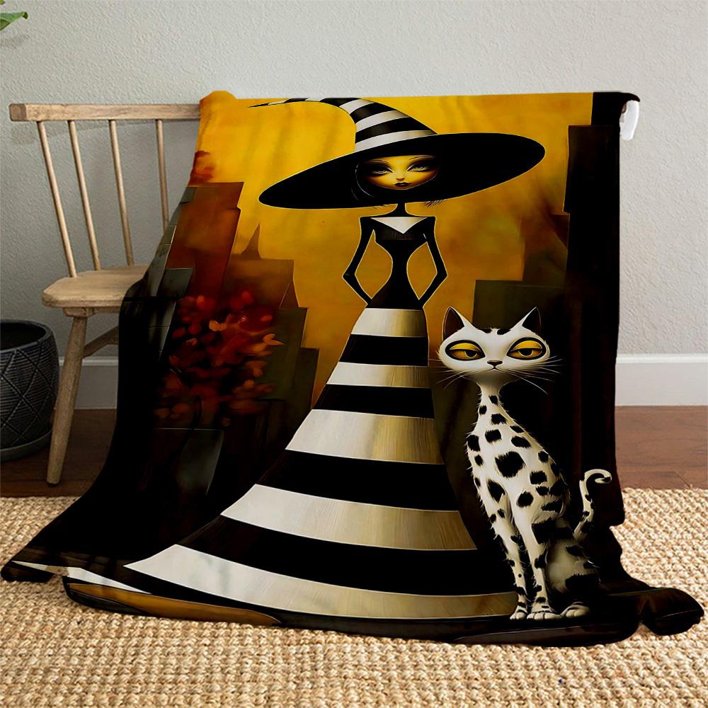 1pc witch, cat Outdoor Flannel Blanket Soft Warm All-Season Throw for Sofa Bed Car Camping Office, Cozy Gift Idea1148S