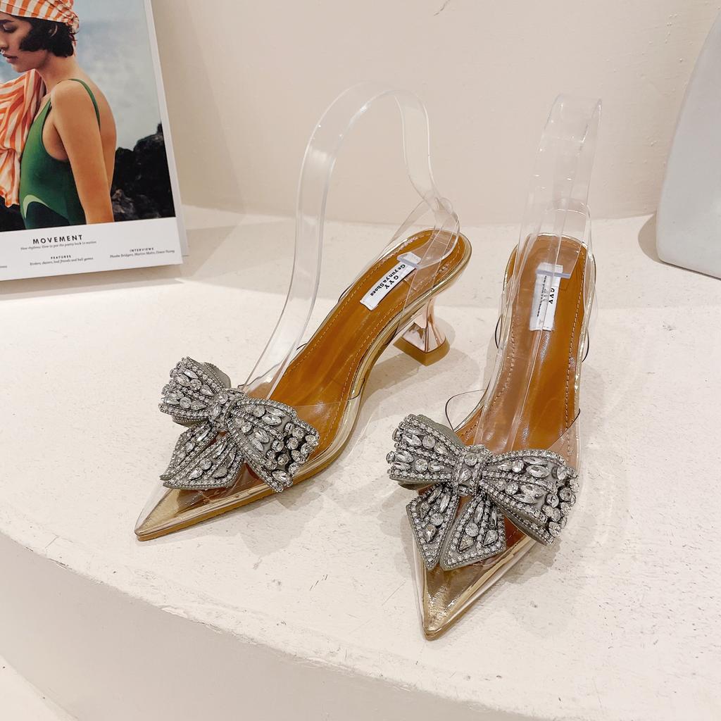 Xibeilove  Summer New Women's Fashion Pointed Transparent PVC Bowknot Rhinestone High Heel Sandals