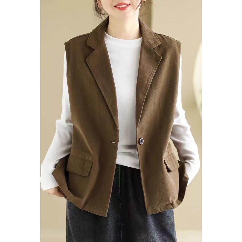 

Костюмный воротник Жилет Куртка 2025 Осень Новая Сшивная Пуговица Карман Свободный Повседневный Безрукавный Топ L коричневый