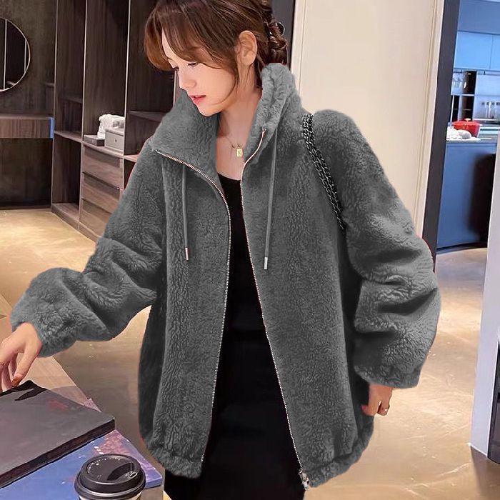 Short Women's Trendy Winter Double-Sided Fleece Stand Collar Hoodie Cardigan Zipper Jacket