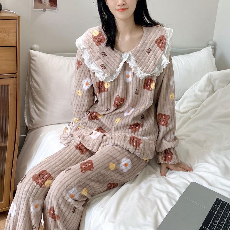 Thickened Warm Sleepwear Loungewear for Winter Printed Peach Pajamas Homewear Coral Velvet 2PCS Set Cartoon Bear Cute