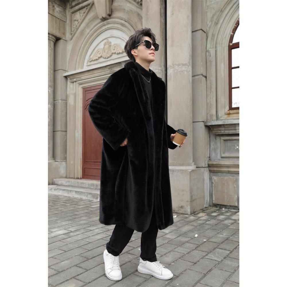 Men's Autumn and Winter Mink Fur Coat Long Knee-length Artificial Fur Coat Thick Plush Windbreaker Cotton Coat Trendy