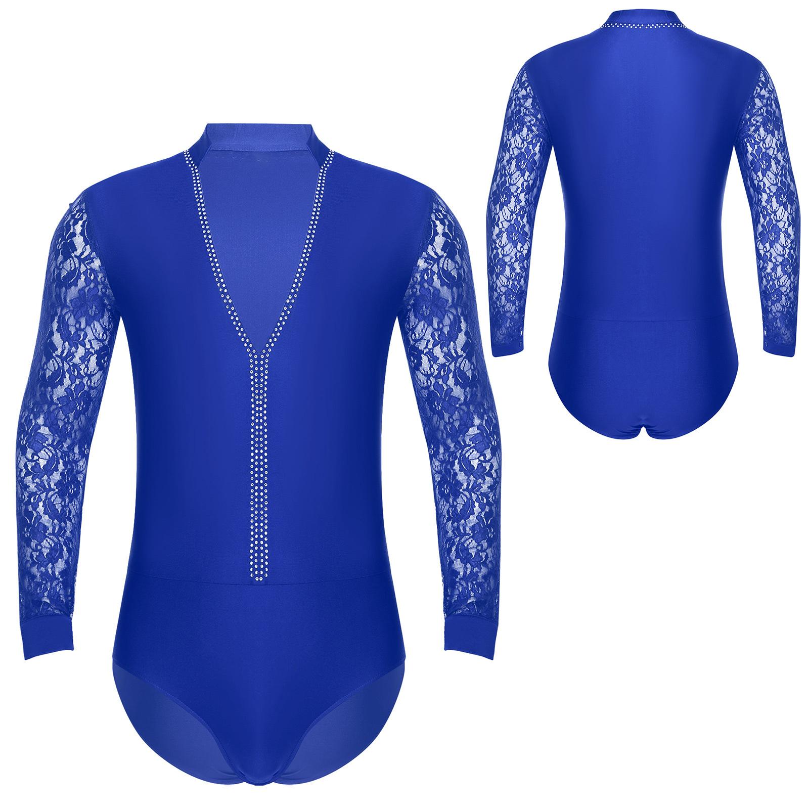 

Чоловіки блискучі стрази латиноамериканські бальні танці виступ костюм довгі рукави боді сорочка топи танго латиноамериканський костюм купальника M