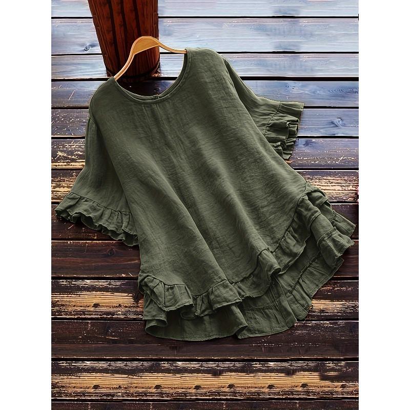 Women's Cotton and Linen Solid Color Shirt Loose Ruffled Cuffs Short-sleeved Button Top
