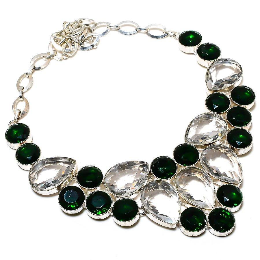 Chrome Diopside, White Topaz 925 Sterling Silver Jewelry Necklace 18" SU-9789