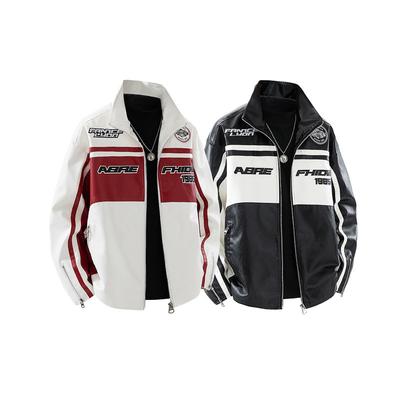 American Street Motorcycle Suits Spring and Autumn Men's PU Leather Jacket Racing Suit Contrasting Color Retro Leather Jacket Stand Collar Jacket