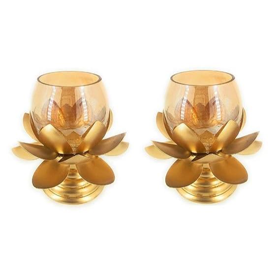 

Подставка для свечей в форме лотоса с фиолетовым стеклянным держателем с кракле для украшения дома(5x5 дюймов) Упаковка из 2 шт.