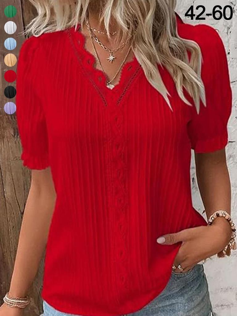Women's Hollow Out Short Sleeve Blouse Lightweight Breathable Top Casual Summer Shirt with V Neck and Puff Sleeves Suitable for Daily Wear