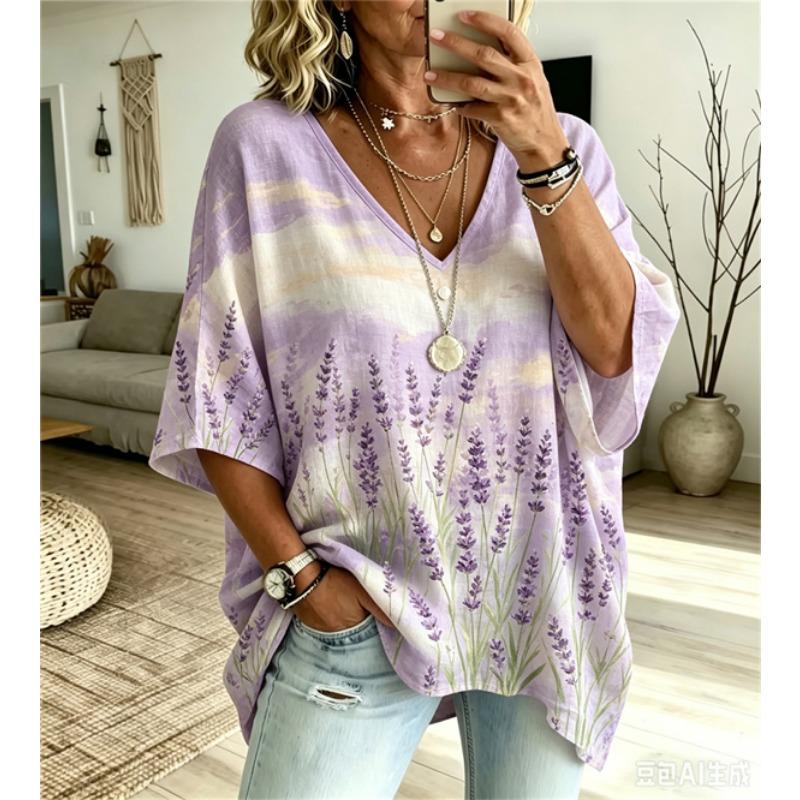 Plus-Size Women's V-Neck Batwing Sleeve T-Shirt Bohemian Ethnic Print Loose Top Summer Comfortable Breathable Daily Commute Casual Slimming Style