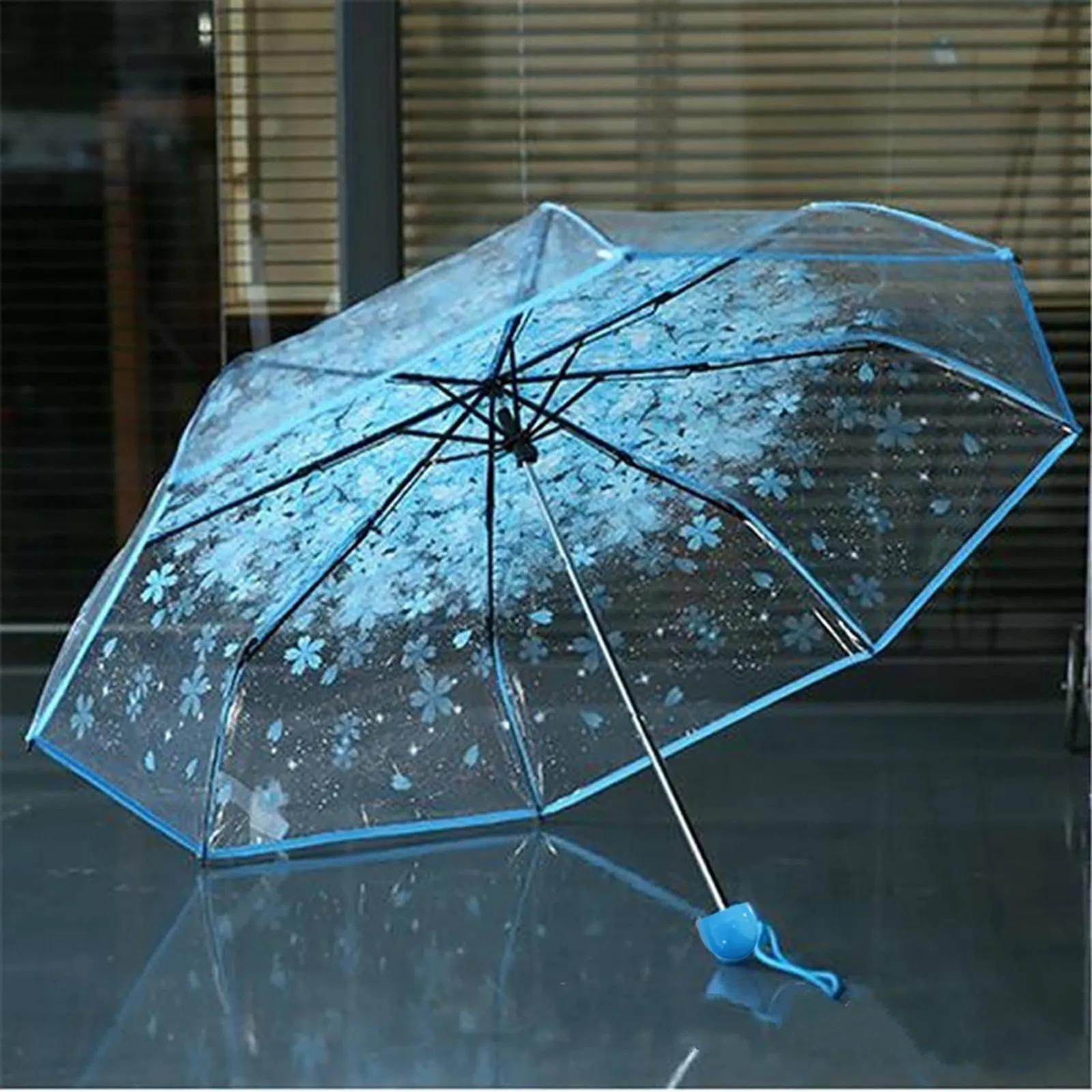 

Fashionable Sakura Fresh Transparent Petal Umbrella with 8 Bones Fully Automatic 3-Fold Girls Travel Umbrella Durable Sturdy Aluminum&8K синий