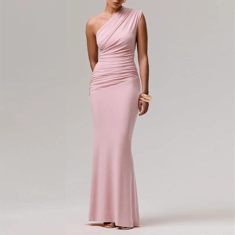 Elegante Abito Maxi Sexy Monospalla Arricciato Donna Moda Scollo Diagonale Senza Maniche Schiena Scoperta Bodycon Abito da Sera Club
