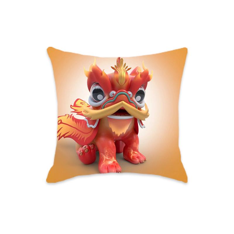 New Chinese Style Mythical Beast Lion Pillowcase - Festive Cartoon Home Decor Cushion for Sofa and Bed.