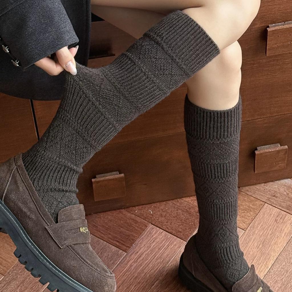 Calf Socks Thickened Wool Stockings Korean Simple Diamond Dark Pattern Half-Leg Socks Thin Leg Socks