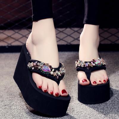 Mode Luxe Damesschoenen voor Zomer Bovenkleding Kristal Parel Schuine Hak Slippers voor Strandvakantie Antislip 11cm Hak Hoge Slippers