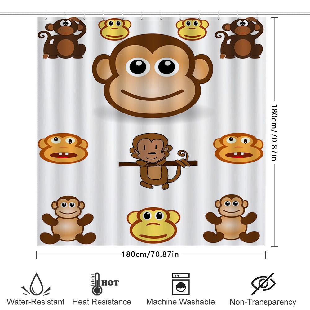 Whimsical Monkey Shower Curtain Set: Waterproof Fabric, Cute Animal Print Decor For Bathroom, Perfect Gift Idea (White Backgroun
