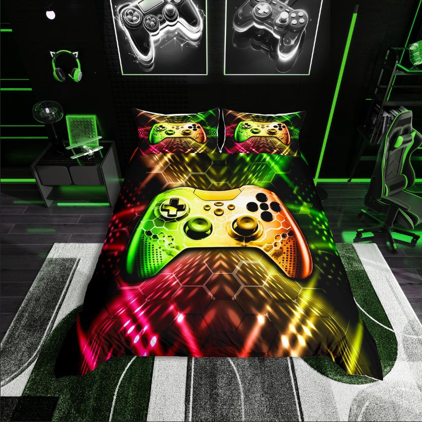 Homewish Gaming Duvet Cover Set,Green Blue Gamepad Controller Comforter Cover Set,Modern Video Game Bed Set For Boy
