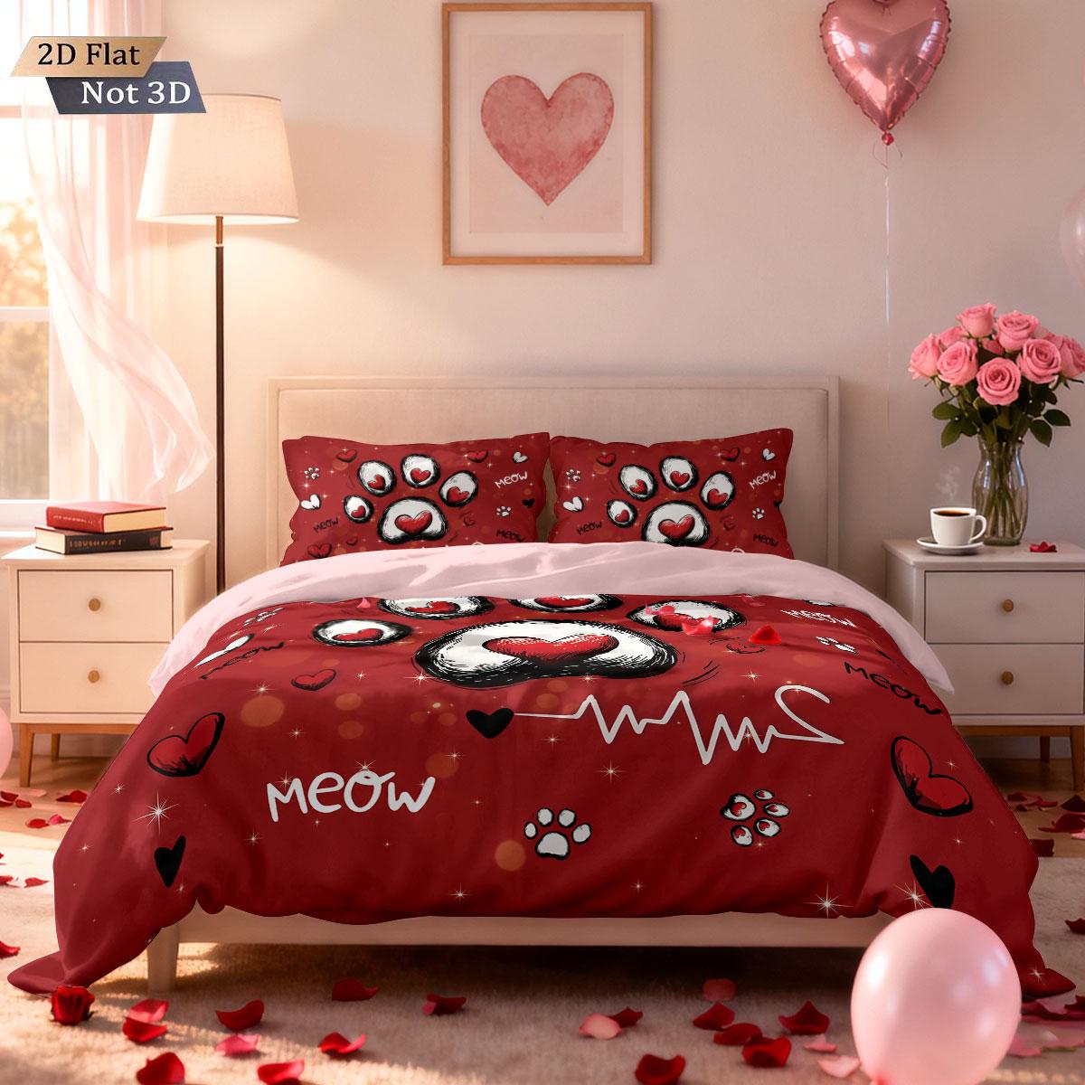 

3Pcs Valentine S Day Red Cat Claw Printed Bedsheet Set Multi Size Bedroom Dormitory Bed Holiday Decoration Machine Washable 135x200cm-EU-Single&set