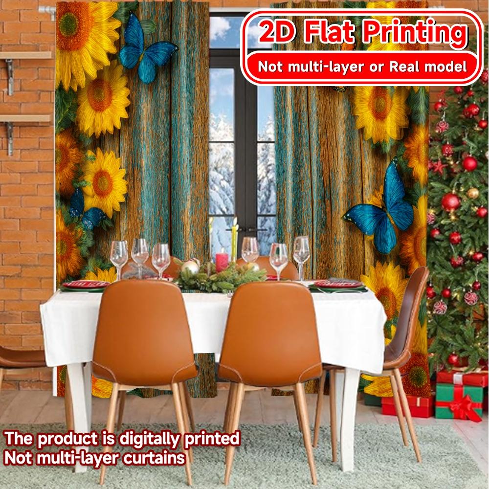 Set Of 2 Flat Printing Butterfly Sunflowers Pattern Curtains Polyester Decorations Kitchen Bedroom Modern Made Master Window Treatment