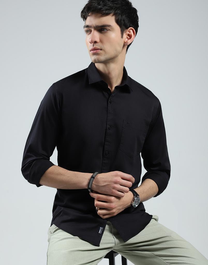 Monte Carlo Mens Solid Black Collar Neck Full Sleeve Shirt